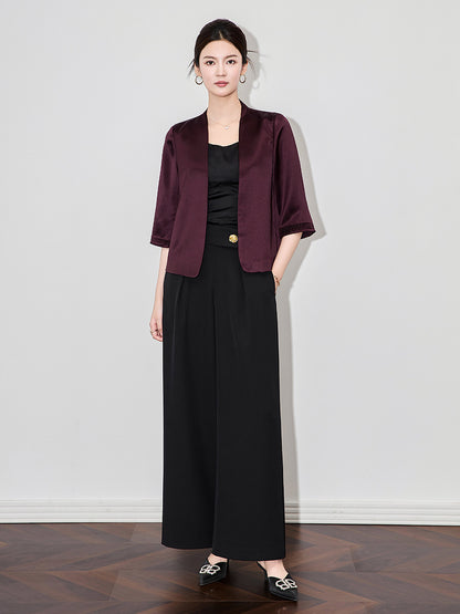 Spring Summer Pure Color Acetate Suit Jacket Women's Short Five Sleeve Collarless Versatile Stylish Single Piece Blazer