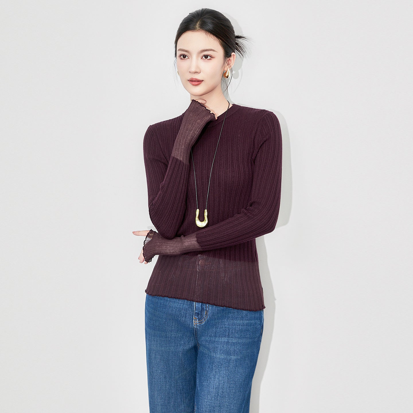Translucent Misty Knitted Long Sleeve Base Shirt Autumn Winter Inner Wear Striped Wool Sweater French Style Elegant Commute
