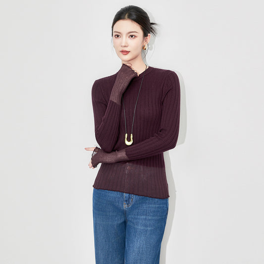 Translucent Misty Knitted Long Sleeve Base Shirt Autumn Winter Inner Wear Striped Wool Sweater French Style Elegant Commute