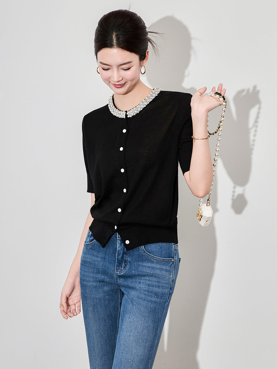 Elegant French Style Short Sleeve round Neck Knitted Open Cardigan Women's Summer New Fashion Top Heavy Embellishment Casual...