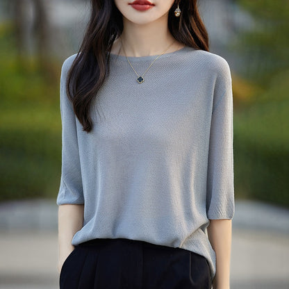 Summer New Women's Pure Color Knitted Sweater One-Shoulder Five-Sleeve Cashmere Raveling Versatile Basic Top