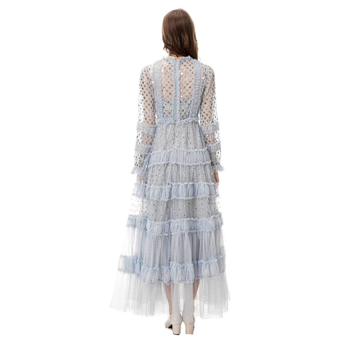 Fashion Women's Elegant Luxury Maxi Dress Round Neck Long Sleeve Spliced Sequins Mesh Dresses