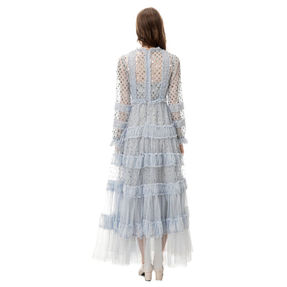Fashion Women's Elegant Luxury Maxi Dress Round Neck Long Sleeve Spliced Sequins Mesh Dresses