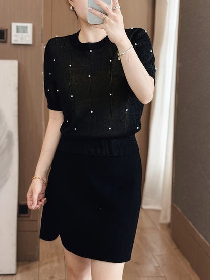 Women's Clothing Loose Ice Silk T-shirt Summer Popular Hot Item Knitted Short Sleeve Pullover Lady All-match Round Neck Top Tees