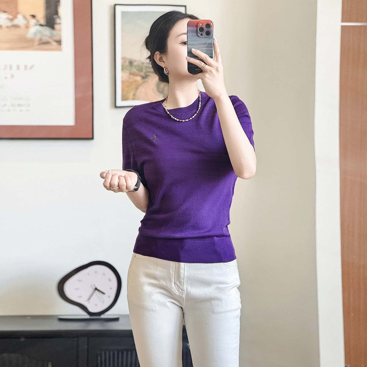 New Fashion Casual Round Neck Embroidered Short Sleeve T-Shirt Base Shirt Women Inner Wear Simple Match All Shoulder