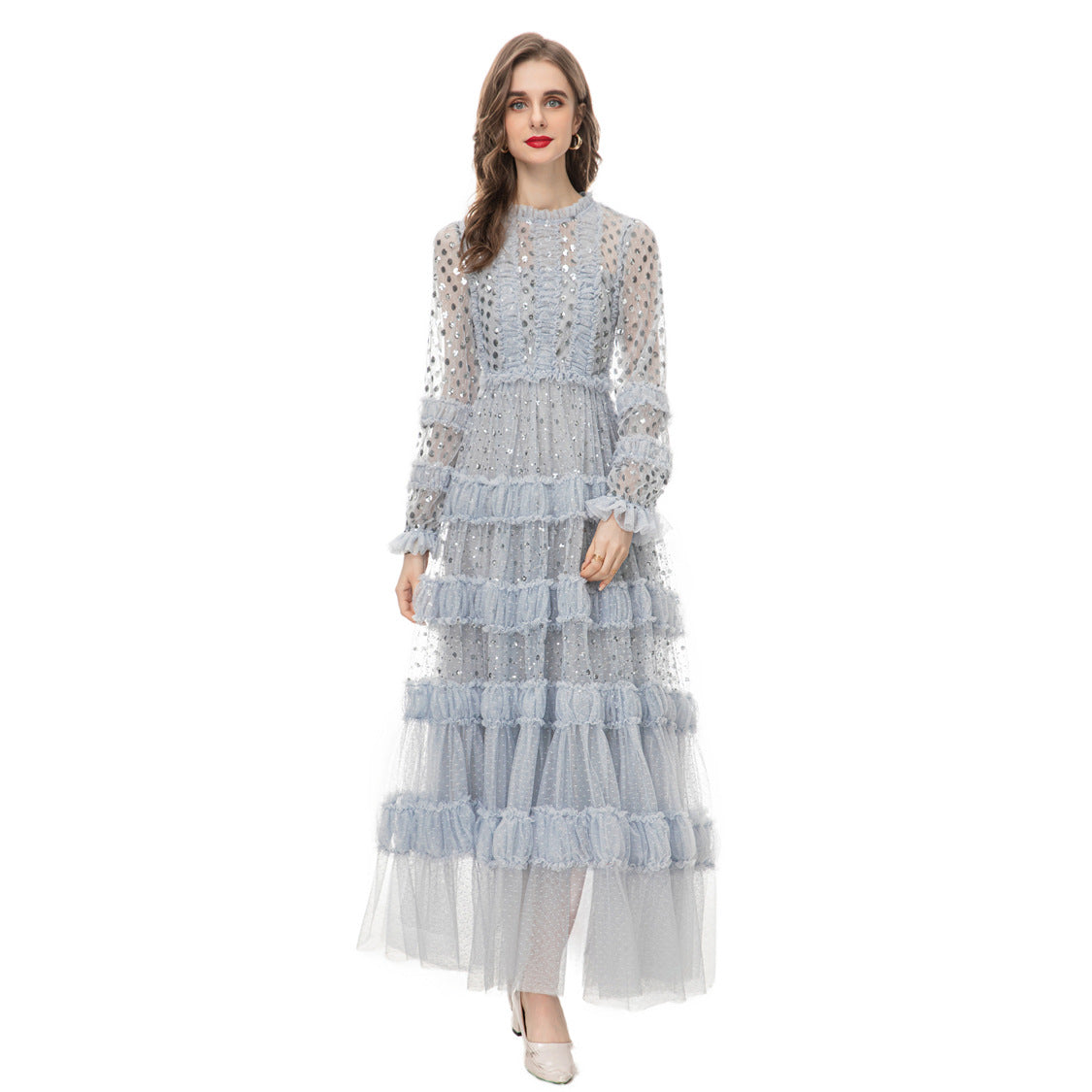 Fashion Women's Elegant Luxury Maxi Dress Round Neck Long Sleeve Spliced Sequins Mesh Dresses