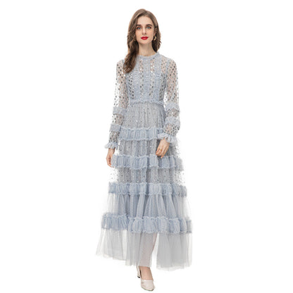 Fashion Women's Elegant Luxury Maxi Dress Round Neck Long Sleeve Spliced Sequins Mesh Dresses