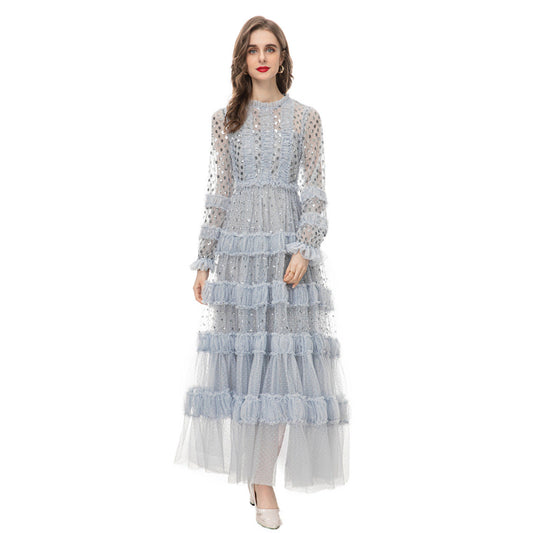 Fashion Women's Elegant Luxury Maxi Dress Round Neck Long Sleeve Spliced Sequins Mesh Dresses