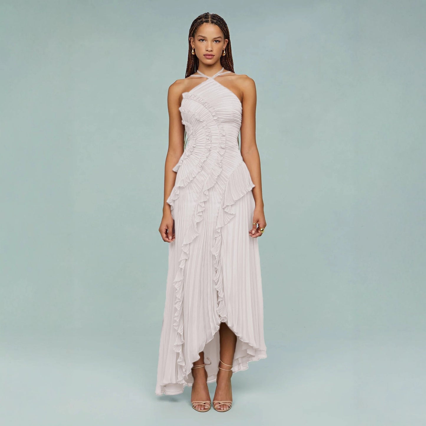 Elegant Purple Halter A Line Prom Gowns Ruffles Tiered Backless Party Gown Summer Vacation Chiffon Long Evening Dress