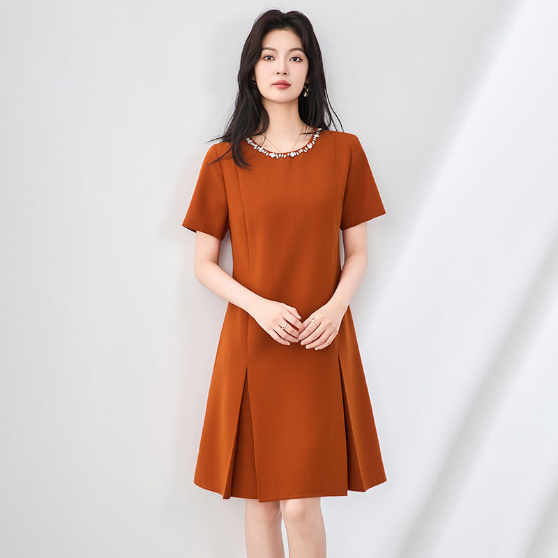 French Temperament Simple Commuter Dresses Diamond Round Neck Short Sleeve High Waist A-line Elegant Pleated Evening Dress