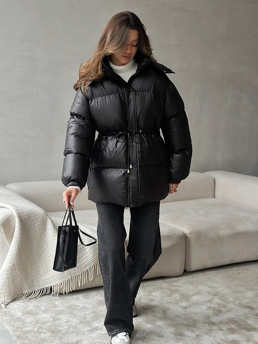 Womens Cotton Jacket with Hood Zipper and Drawstring Waist Warm Cotton Coat Fashionable and Versatile Everyday Outdoor Wear