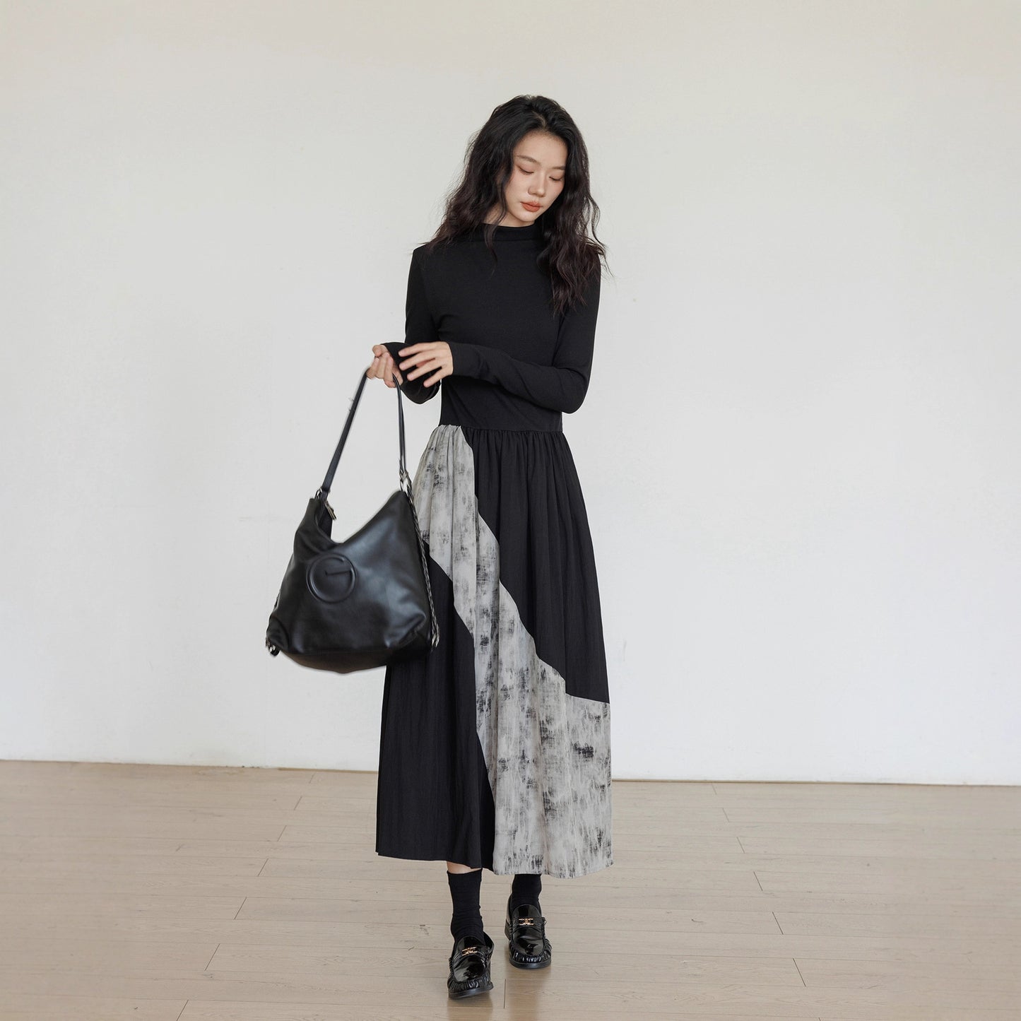 Vastand Chic Office Commute V-Ne Splice T-irt Dr Women's Long Sve A-Line Skirt Faionable Cool Sensation