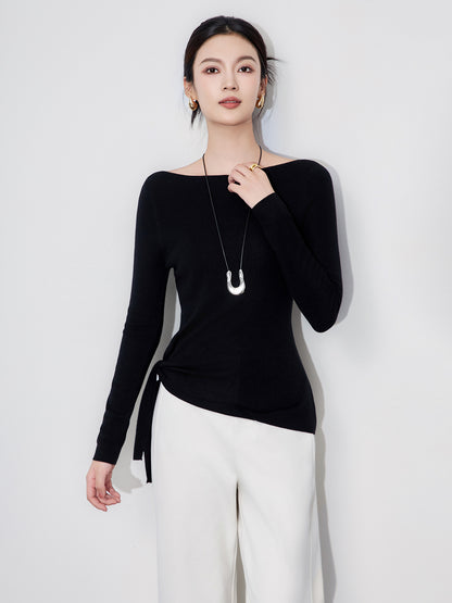 Spring Autumn French Style One Shoulder Wool Knitted Sweater Women's Slim Fit Base Layer Sweater Fashionable Inner Wear Top