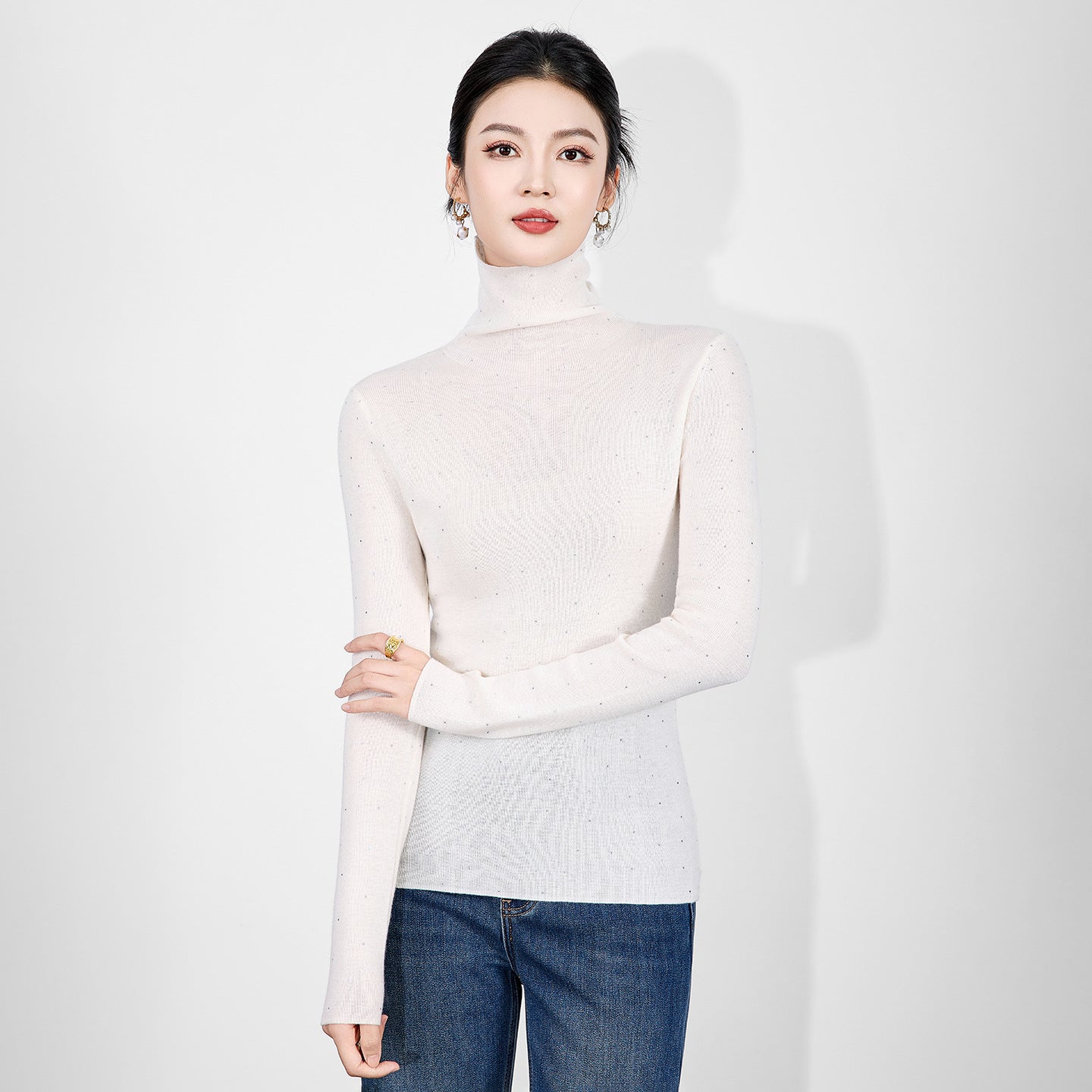 Fashionable High Neck Knitwear Women's Autumn Winter New Style Rhinestone Slimming Ageless Base Shirt Inner Wear Top