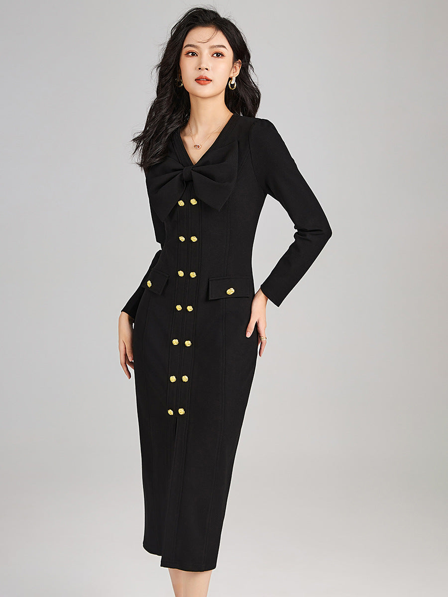 Women's Elegant Fashion Formal Dresses Professional Long Sleeve Single Breasted Slim Robe Female Business Work Style Vestidos