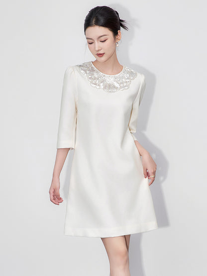 Elegant Heavy-Detailing Doll Collar Dress for Women Glittering Sequin Midi A- Line Skirt High Waist Slimming Effect
