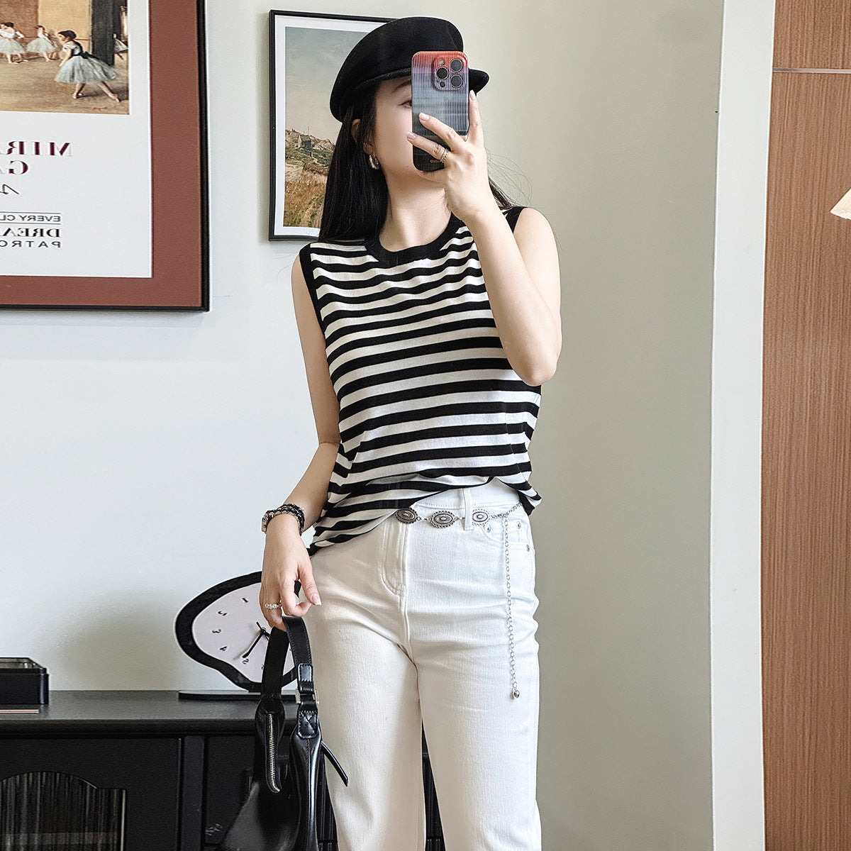 Women's Summer Slimming Strap Vest New Knitted Svel Casual Top Inner Wear Meat Concealing Stripe Pattern