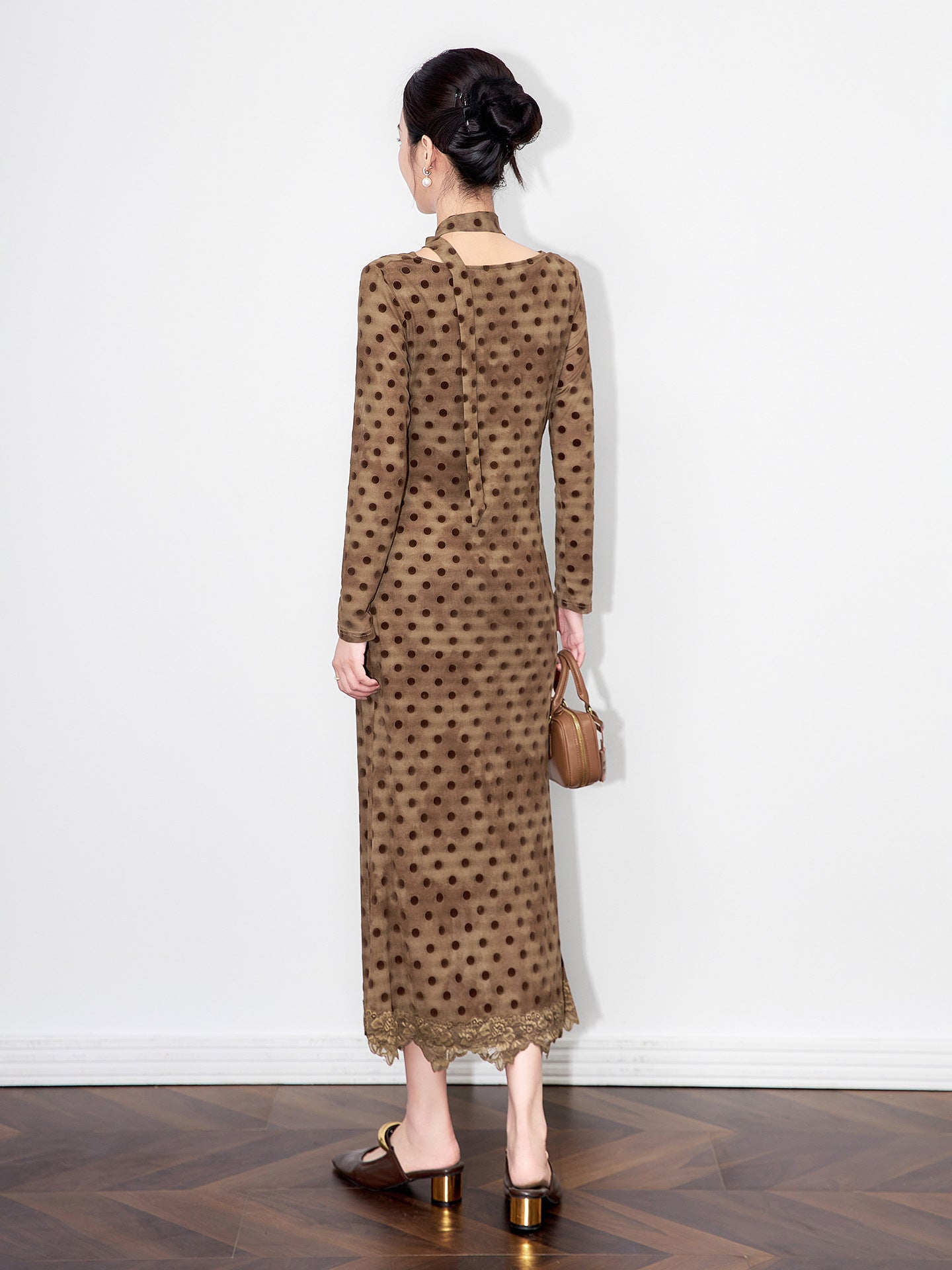 French Style Summer Long Sleeve Dress Women's V Neck Low Chest Polka Dot Print Slim Fit Long Sleeve Maxi Dress
