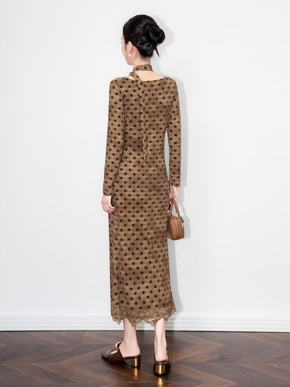 French Style Summer Long Sleeve Dress Women's V Neck Low Chest Polka Dot Print Slim Fit Long Sleeve Maxi Dress