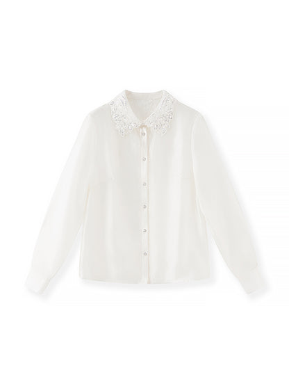 Women's Sequins Diamonds Bows Lace Shirt 2025 Spring Fashion Lapel Long Sleeves Loose Blouse