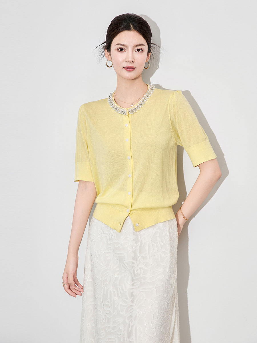 Office Lady Summer Vintage Slim O-neck Solid Soft Elastic Tops Women Knitwear Chic Diamonds Elegant Short Sleeve Cardigan