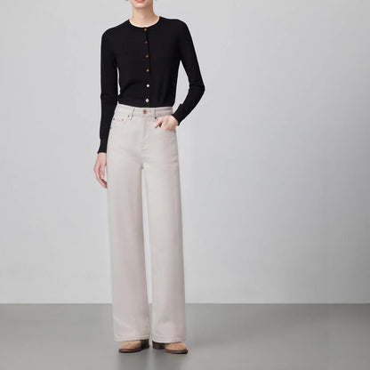 Mid-Calf Straight Leg Stretchy Denim Jeans Women's Soft Cotton Blend Elastic Waist Light Beige Pants
