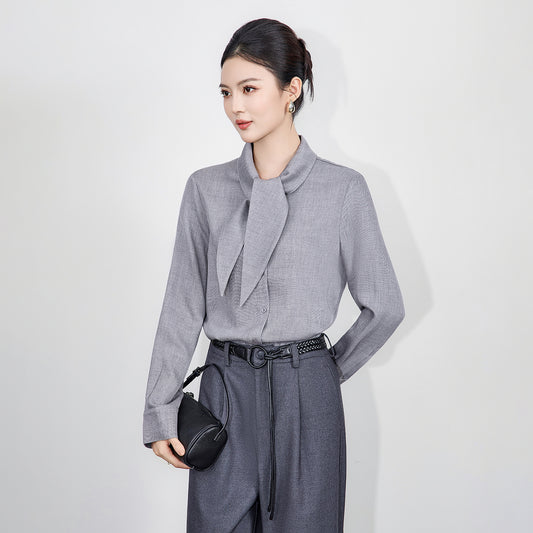 Women's Long Sleeve Shirt with Pearl Sash And Butterfly Knot for Commuting Fashionable New Autumn Collection