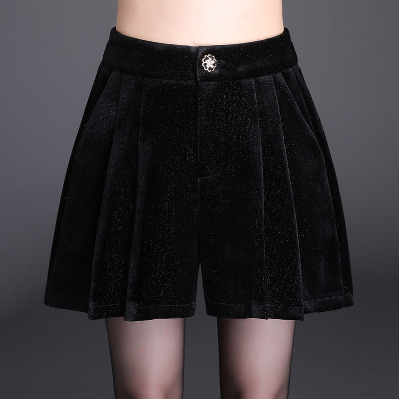 Fashion Women High Waist Velvet Shorts Female Zipper Wide-leg Shorts Ladies Solid Casual Loose Shorts