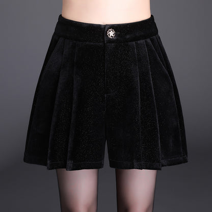 Fashion Women High Waist Velvet Shorts Female Zipper Wide-leg Shorts Ladies Solid Casual Loose Shorts