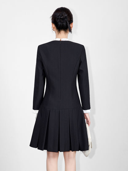 French Style Elegant Temperament Commuter Round Neck Long Sleeve Single-Breasted High Waist Slim A-line Pleated Dress for Women