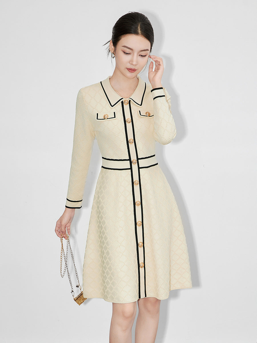 Elegant Knitted Dress Slim Fit Round Neck A- Line Skirt Inner Wear Floral Embroidery Hook Design Midi Dress for Women