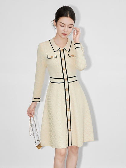 Elegant Knitted Dress Slim Fit Round Neck A- Line Skirt Inner Wear Floral Embroidery Hook Design Midi Dress for Women