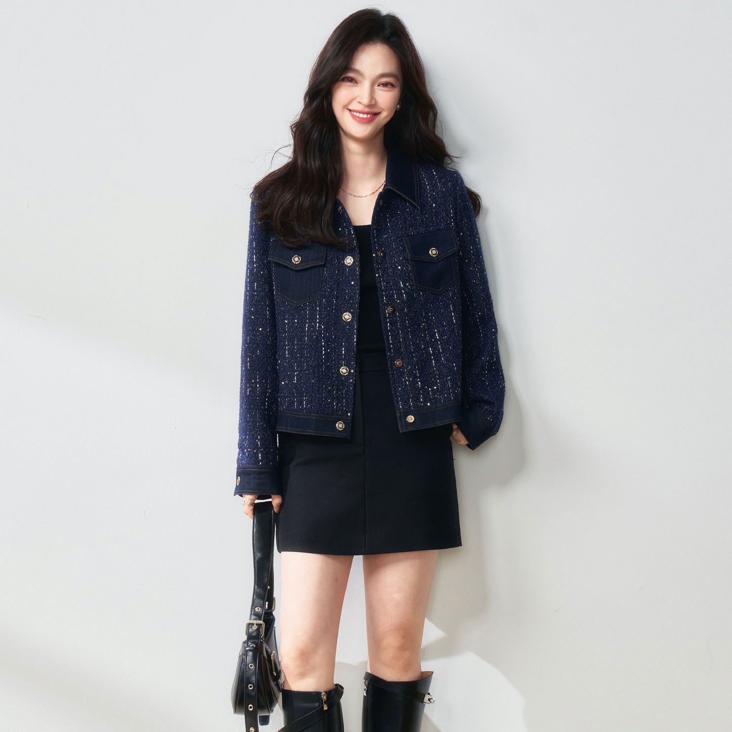 High Quality Casual Denim Stitching Tweed Fashion Jacket Women Loose Basic Small Fragrance Long-sleeved Short Jacket