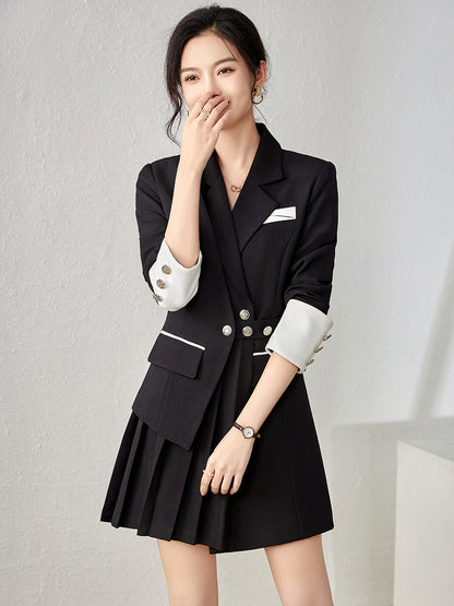 Korean Style Female Mini Dress Spring Long Sleeve Notched Collar Woolen Pleated Dresses Elegant Office Lady Blazers Slim Suits