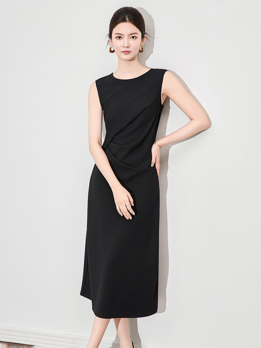 Elegant Minimalist Style Women's Dress with Pleats Waist-Cinching Sleeveless Midi Skirt Round Neck French Style Summer Dress