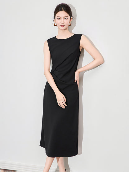 Elegant Minimalist Style Women's Dress with Pleats Waist-Cinching Sleeveless Midi Skirt Round Neck French Style Summer Dress