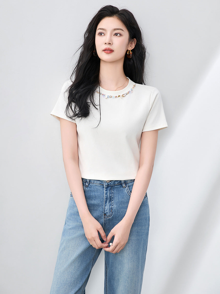 Fashionable Round Neck Rhinestone Embroidered White Short Sleeve T-Shirt Casual Simple Summer New Style Korean Version Top