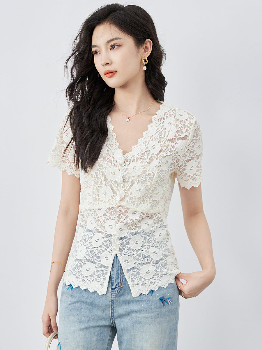 Temperament V-neck Short-sleeved Lace Shirt Fashionable Hollow Top for Women in Summer New Slim and Versatile Shirt