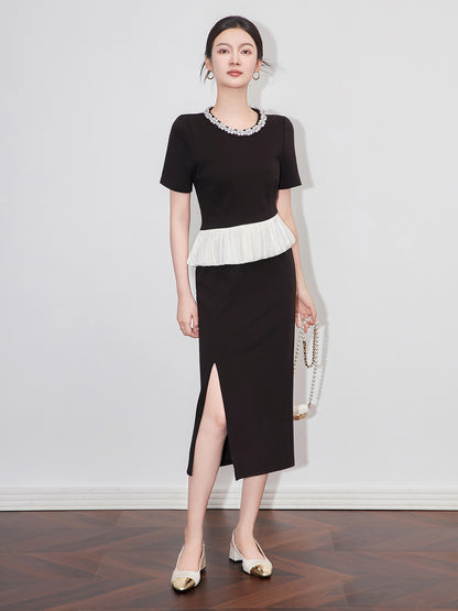 Fashionable Black Slimming Dress Summer 2025 New Style Maternity Knee-Length Dress Concealing Belly Fake Two-Piece Mini Dress