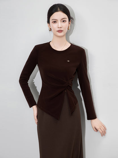 Summer Elastic Round Neck Mesh T-Shirt Irregular High Waist Straps Solid Color Women's Top