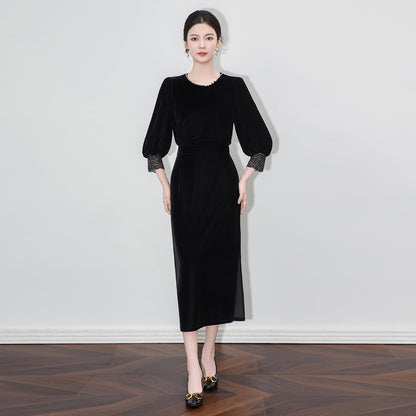 Long Sleeve V-Neck Wrap Waist Autumn Cross-Border Women's Dress Elegant Black Gown Ankle-Length Fashionable Dress