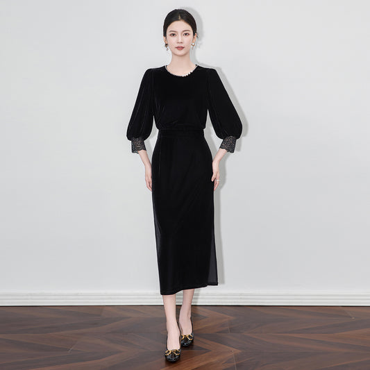 Long Sleeve V-Neck Wrap Waist Autumn Cross-Border Women's Dress Elegant Black Gown Ankle-Length Fashionable Dress