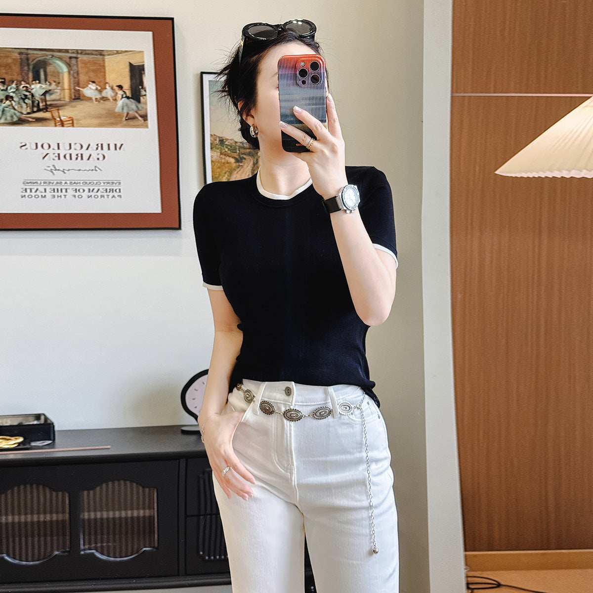 New Sle Women's Slim Fit Ort Sve T-irt Square Collar Tead Design Faionable Spring Summer Top Casual Wear