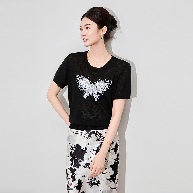 Summer New Plus Size Korean Fashion Style Butterfly Round Neck Knitted Short Sleeved Top Slimming