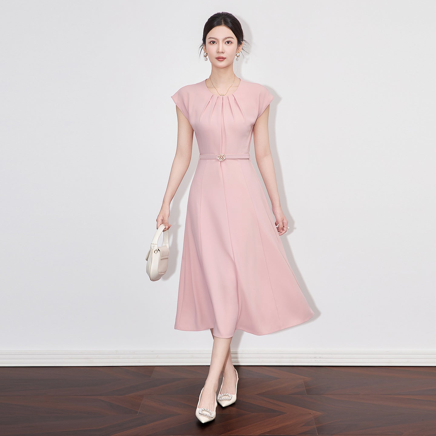 Elegant Fashion Commuter Pink Dress Crew Neck Sleeveless High Waist Belt Slim A-line Temperament Long Dress Women Summer