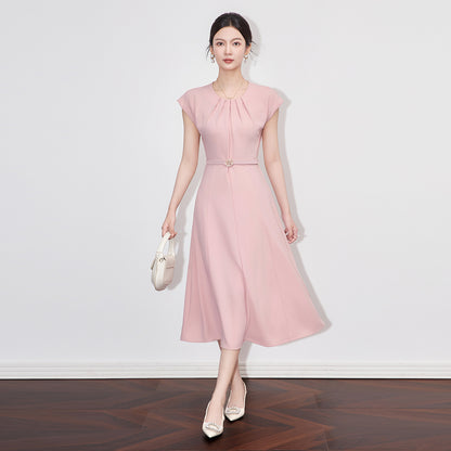 Elegant Fashion Commuter Pink Dress Crew Neck Sleeveless High Waist Belt Slim A-line Temperament Long Dress Women Summer