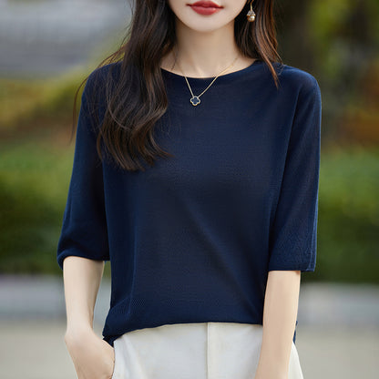 Summer New Women's Pure Color Knitted Sweater One-Shoulder Five-Sleeve Cashmere Raveling Versatile Basic Top