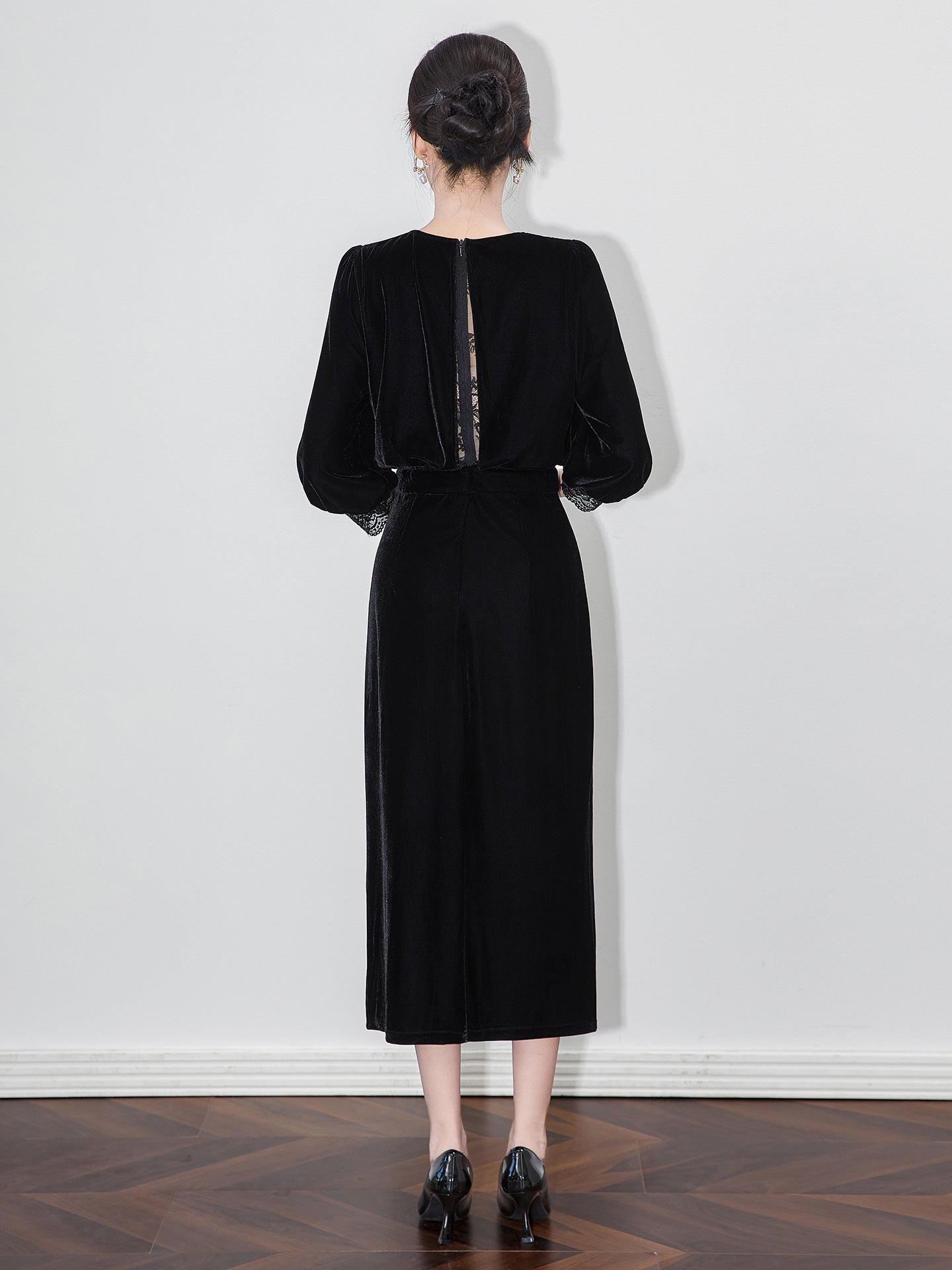 Long Sleeve V-Neck Wrap Waist Autumn Cross-Border Women's Dress Elegant Black Gown Ankle-Length Fashionable Dress