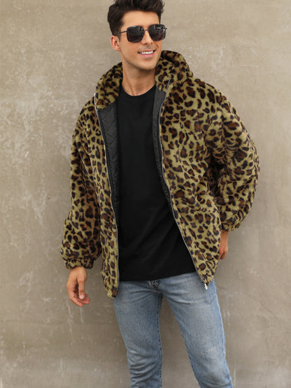 Autumn and Winter Warm Plush Leopard Print Jacket Imitation Fur Zipper Hooded Jacket for Men