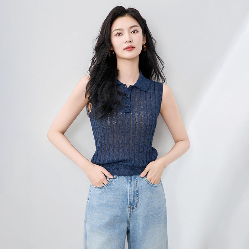 Retro Turquoise Polo Collar Knitted Vest Women's Summer New Style Sleeveless Shoulder Pad Top High-End Feeling Casual Wear